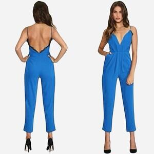 Lovers + Friends Revolve My Way Jumpsuit NWOT Blue with Black Lace Size Small